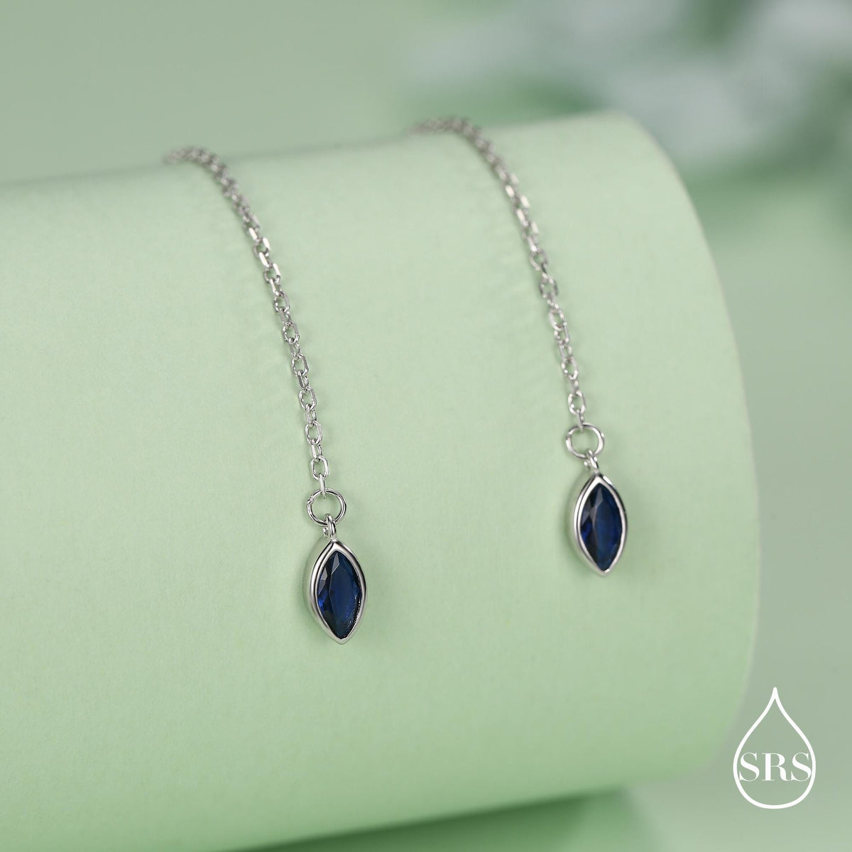 Tiny Sapphire Blue Marquise CZ Threader Earrings in Sterling Silver, Silver or Gold, Marquise Cut CZ Ear Threaders, Sparkly Threaders