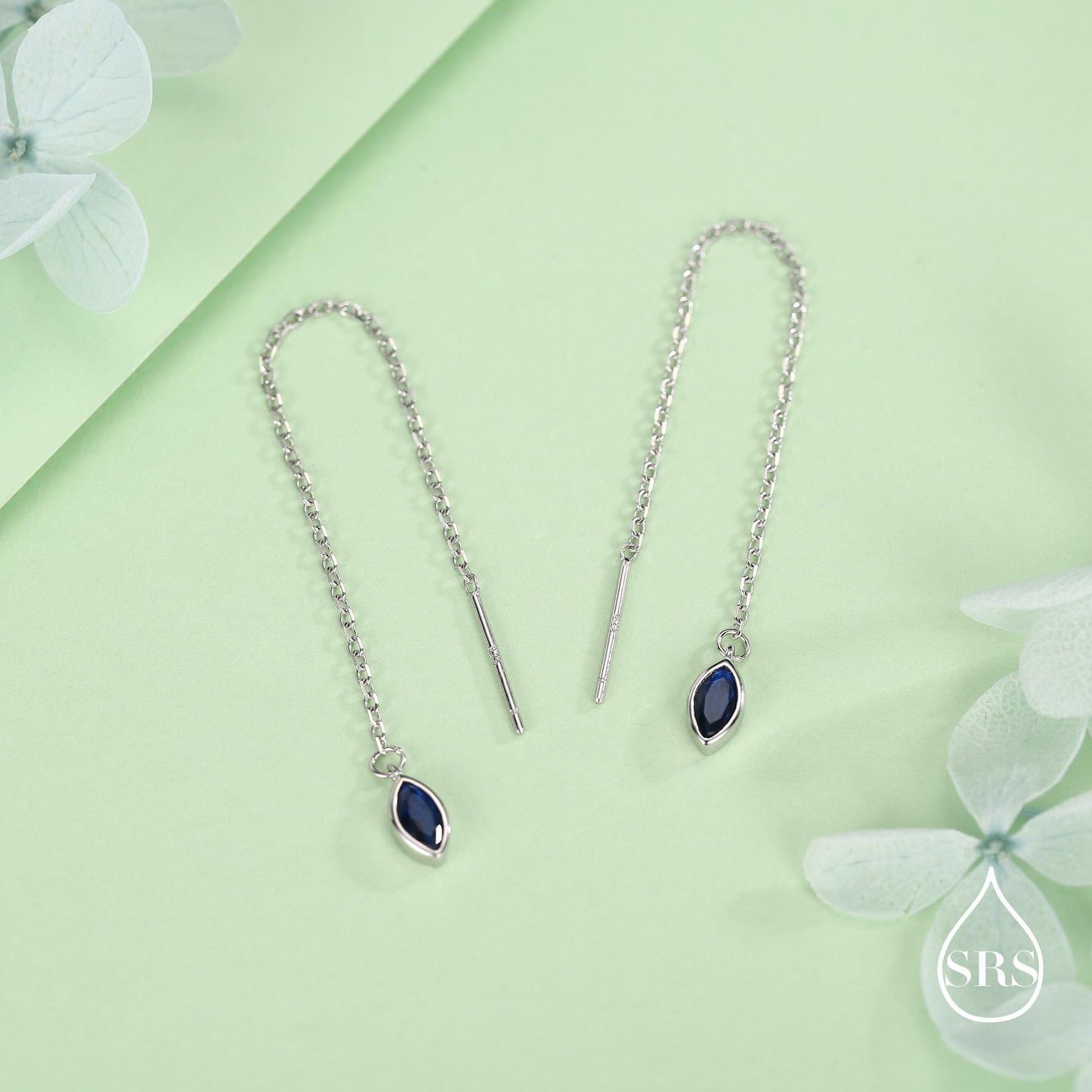 Tiny Sapphire Blue Marquise CZ Threader Earrings in Sterling Silver, Silver or Gold, Marquise Cut CZ Ear Threaders, Sparkly Threaders