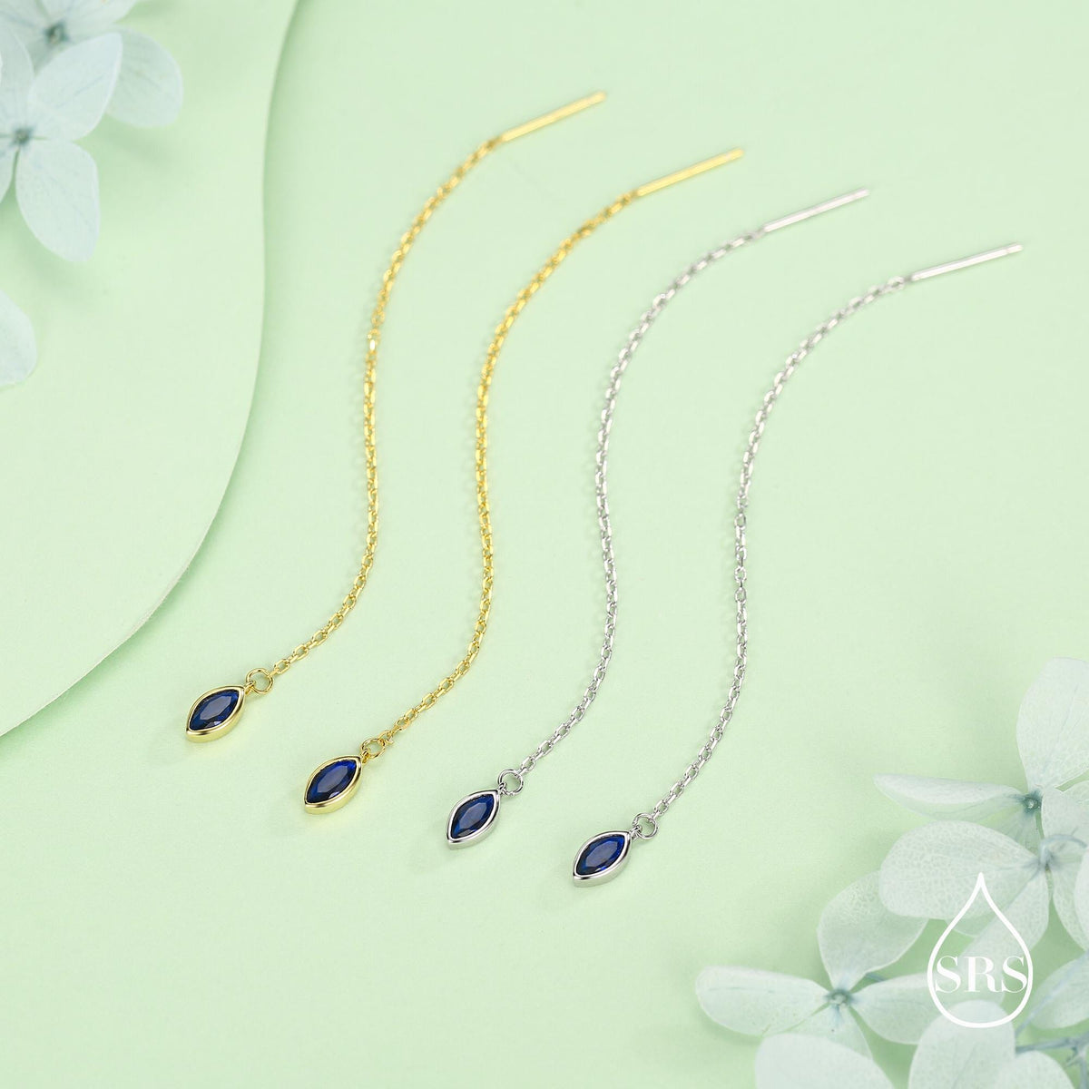 Tiny Sapphire Blue Marquise CZ Threader Earrings in Sterling Silver, Silver or Gold, Marquise Cut CZ Ear Threaders, Sparkly Threaders