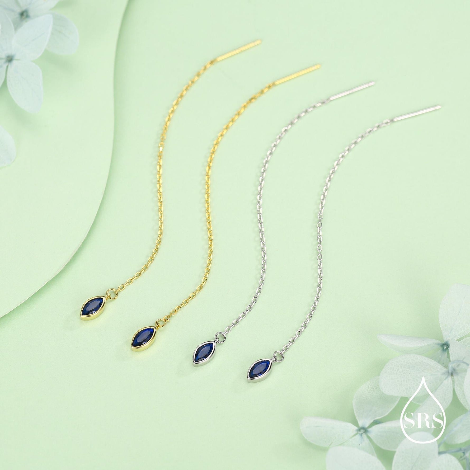 Tiny Sapphire Blue Marquise CZ Threader Earrings in Sterling Silver, Silver or Gold, Marquise Cut CZ Ear Threaders, Sparkly Threaders