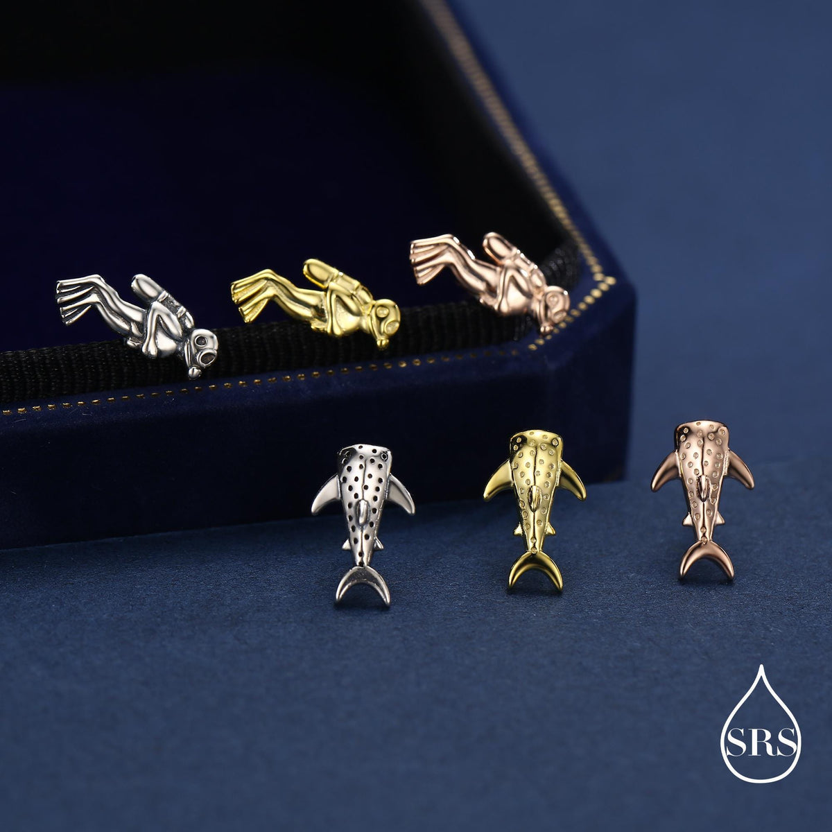Mismatched Scuba Diver & Whale Shark Stud Earrings In Sterling Silver – Ocean Inspired Asymmetric Earrings, Minimalist Sea Life Jewellery