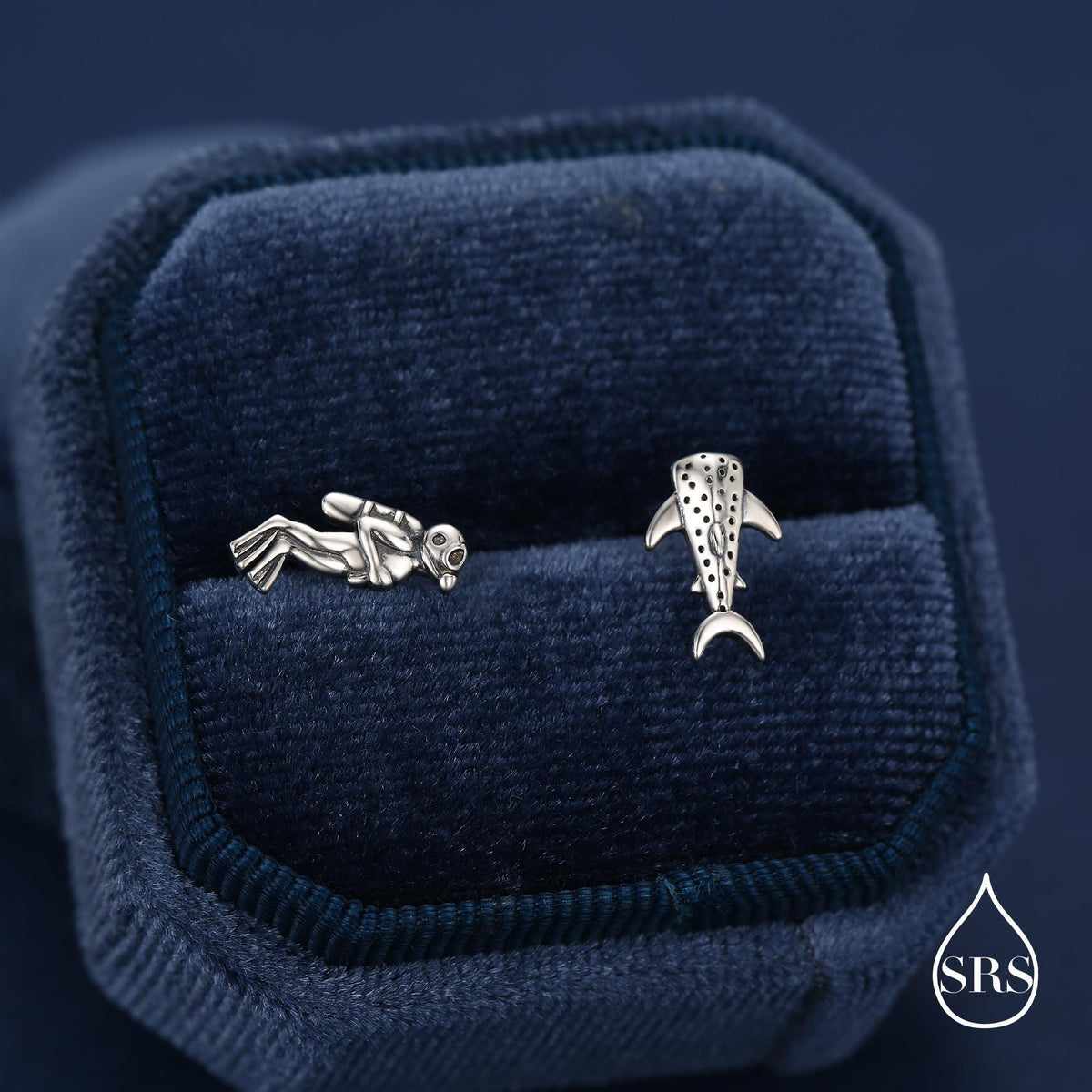 Mismatched Scuba Diver & Whale Shark Stud Earrings In Sterling Silver – Ocean Inspired Asymmetric Earrings, Minimalist Sea Life Jewellery