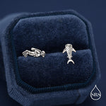 Mismatched Scuba Diver & Whale Shark Stud Earrings In Sterling Silver – Ocean Inspired Asymmetric Earrings, Minimalist Sea Life Jewellery