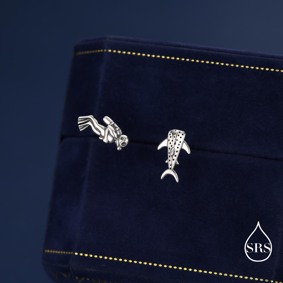 Mismatched Scuba Diver & Whale Shark Stud Earrings In Sterling Silver – Ocean Inspired Asymmetric Earrings, Minimalist Sea Life Jewellery