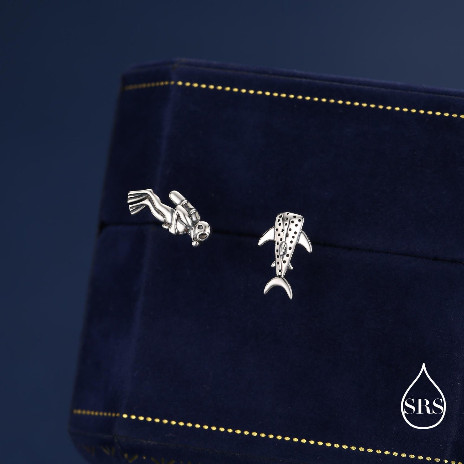Mismatched Scuba Diver & Whale Shark Stud Earrings In Sterling Silver – Ocean Inspired Asymmetric Earrings, Minimalist Sea Life Jewellery