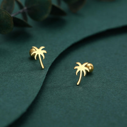 Palm Tree 18G Screw Back Earrings with Ball Backs in Sterling Silver