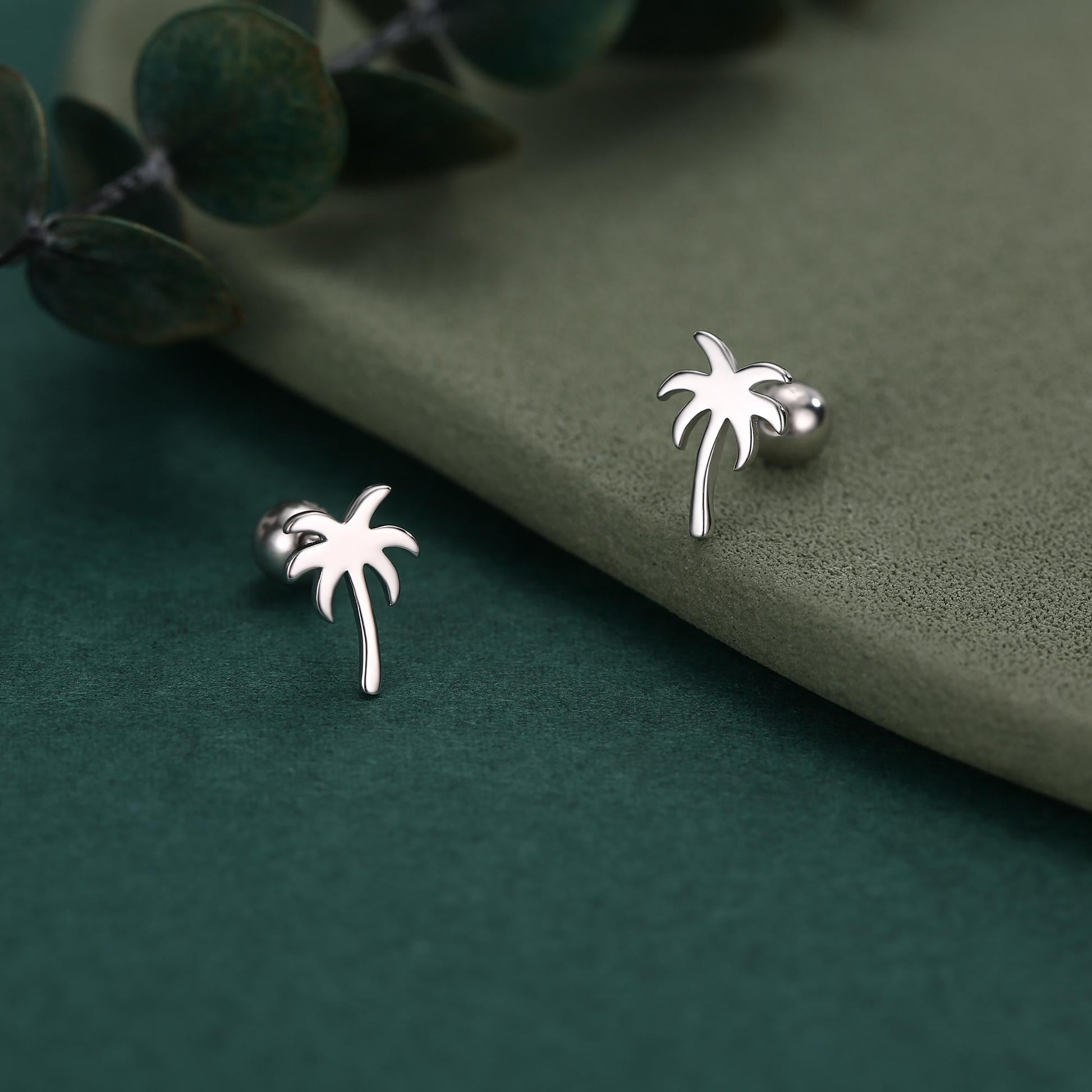 Palm Tree 18G Screw Back Earrings with Ball Backs in Sterling Silver