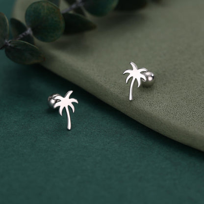 Palm Tree 18G Screw Back Earrings with Ball Backs in Sterling Silver