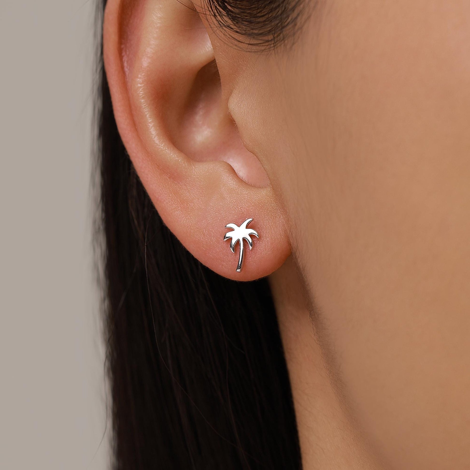 Palm Tree 18G Screw Back Earrings with Ball Backs in Sterling Silver