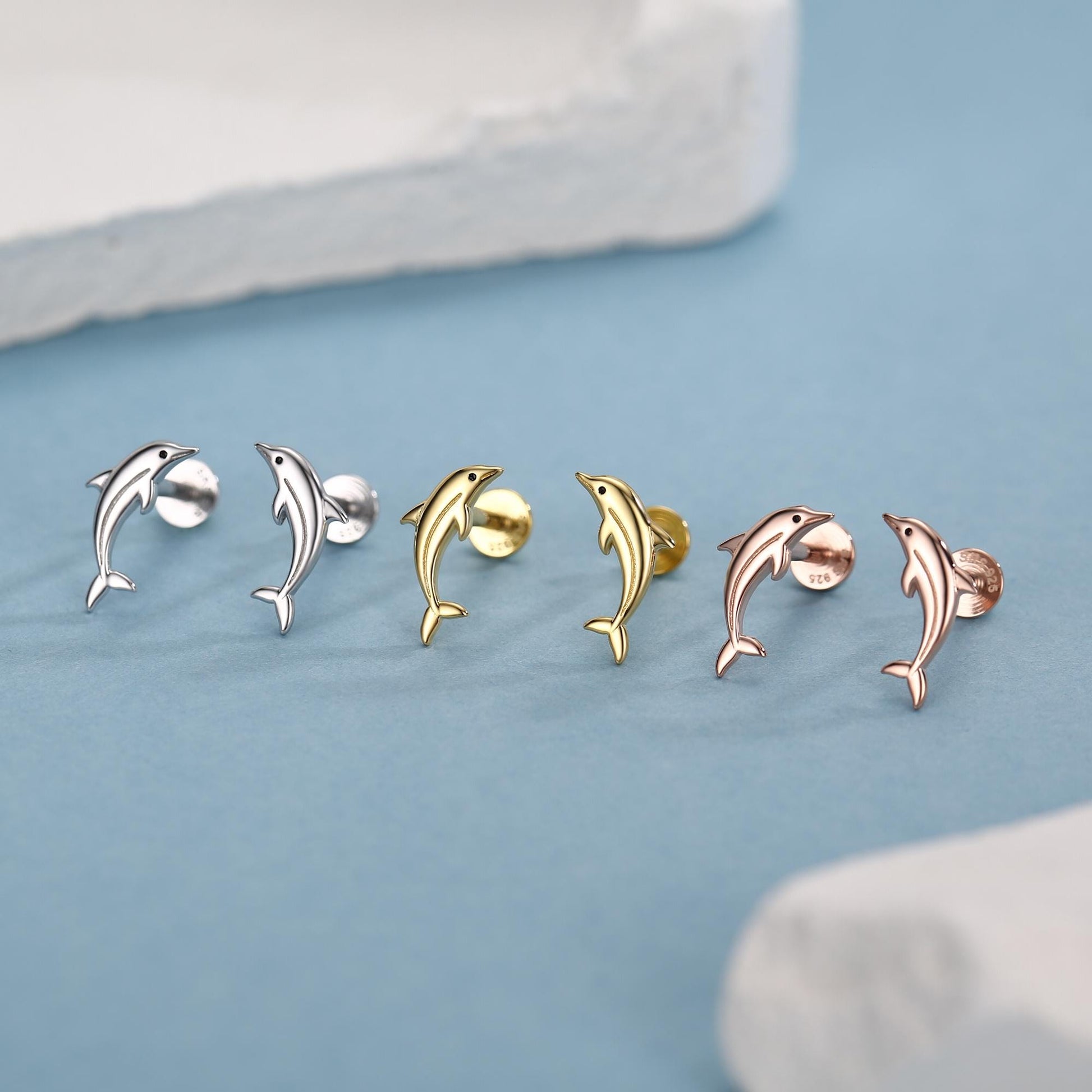 Sterling Silver Dolphin 16G Flat Back Earrings