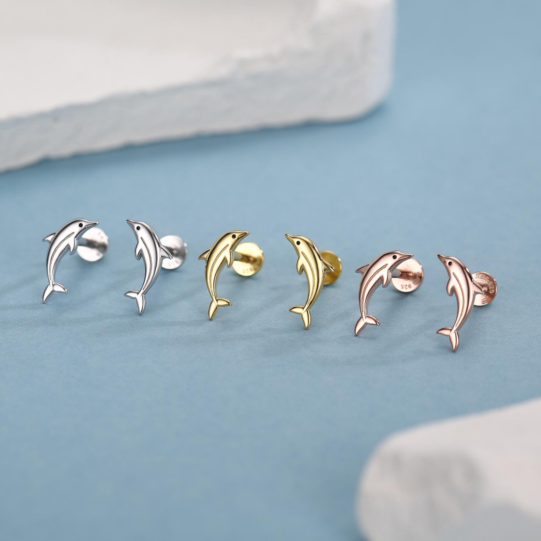 Sterling Silver Dolphin 16G Flat Back Earrings