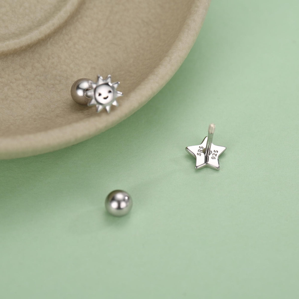 Sterling Silver Sun and Star Stud Earrings 18G Screw Back with Ball Backs
