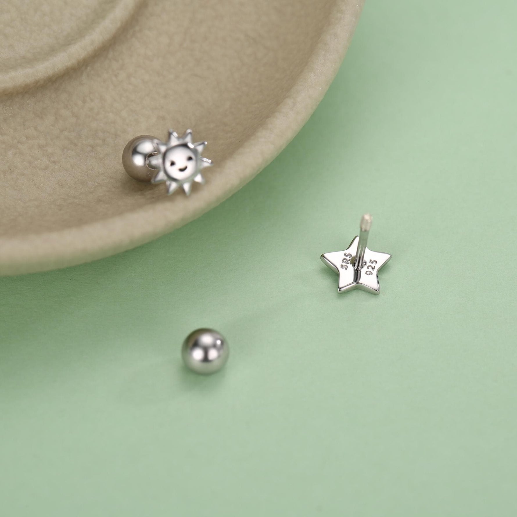 Sterling Silver Sun and Star Stud Earrings 18G Screw Back with Ball Backs