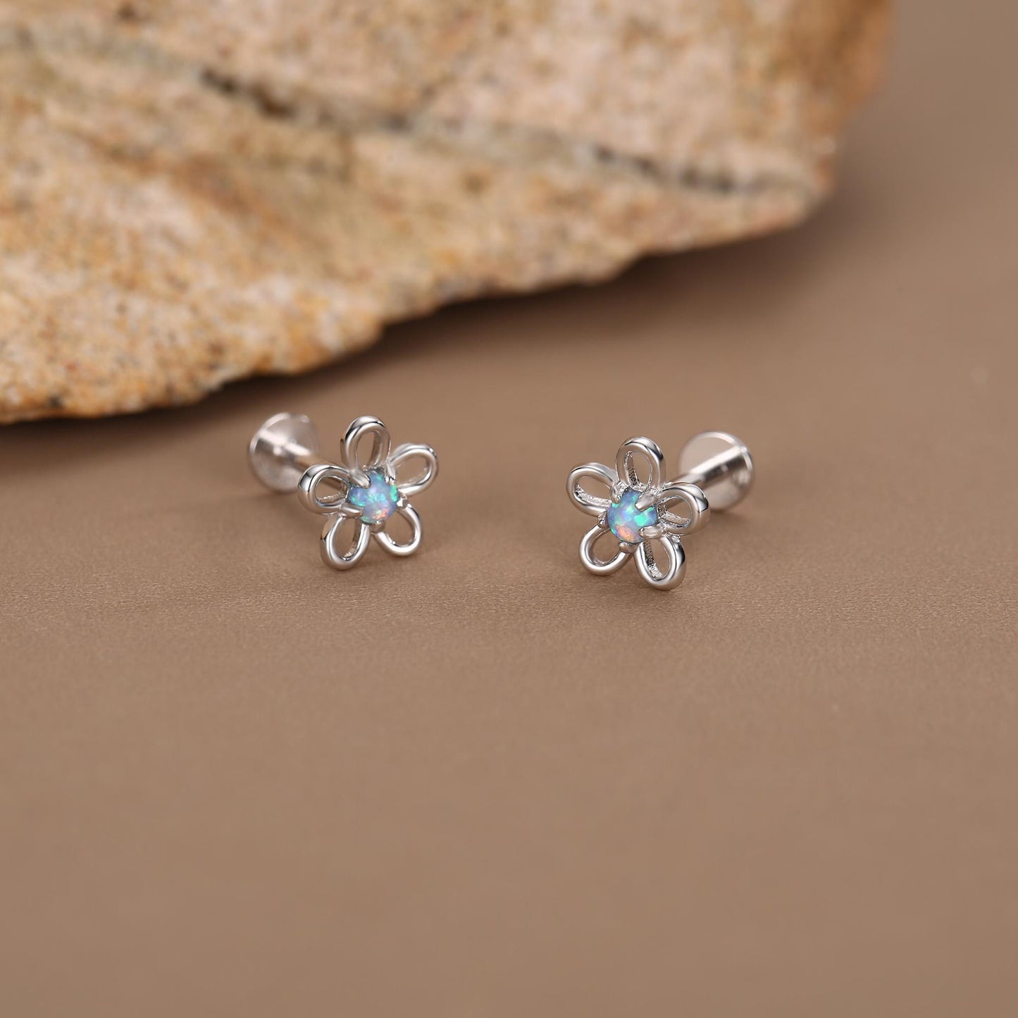Sterling Silver Opal Flower 16G Flat Back Stud Earrings