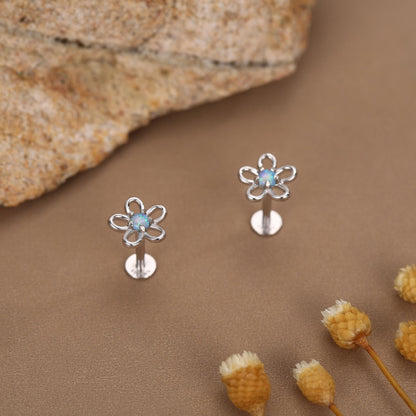 Sterling Silver Opal Flower 16G Flat Back Stud Earrings