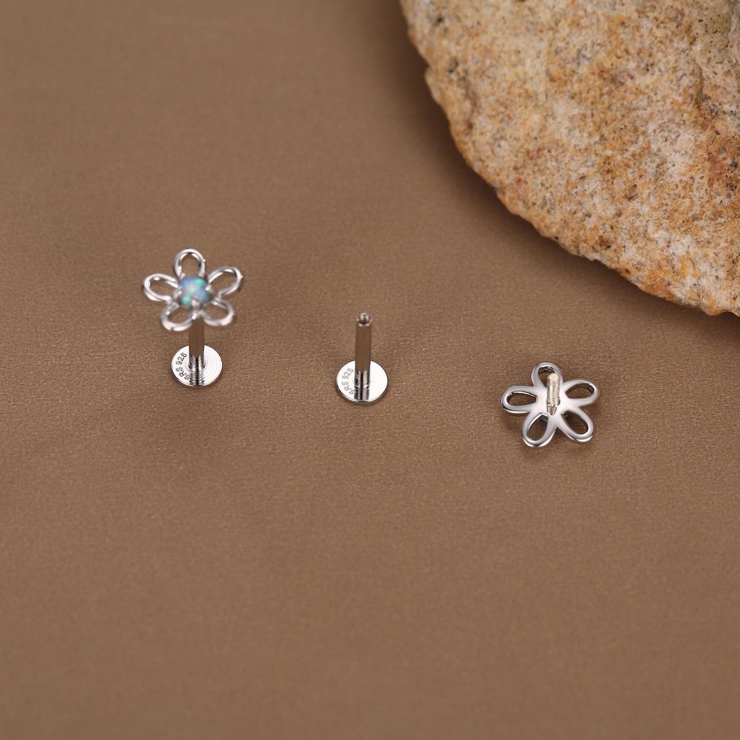 Sterling Silver Opal Flower 16G Flat Back Stud Earrings
