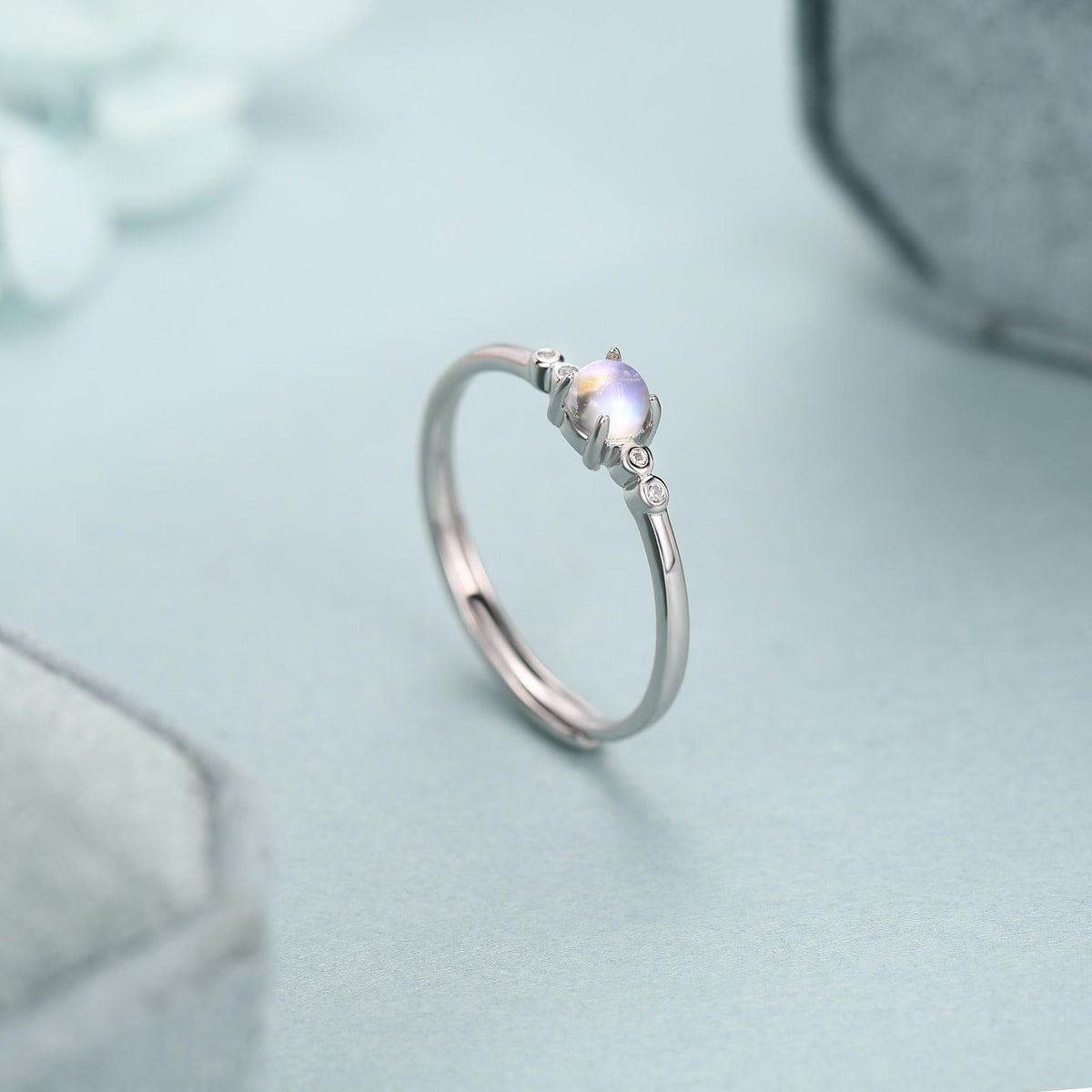 Tiny Moonstone Ring in Sterling Silver, Adjustable Size, 4mm Moonstone Ring, Prong Set, Lab Moonstone Ring, Delicate Stacking Ring,