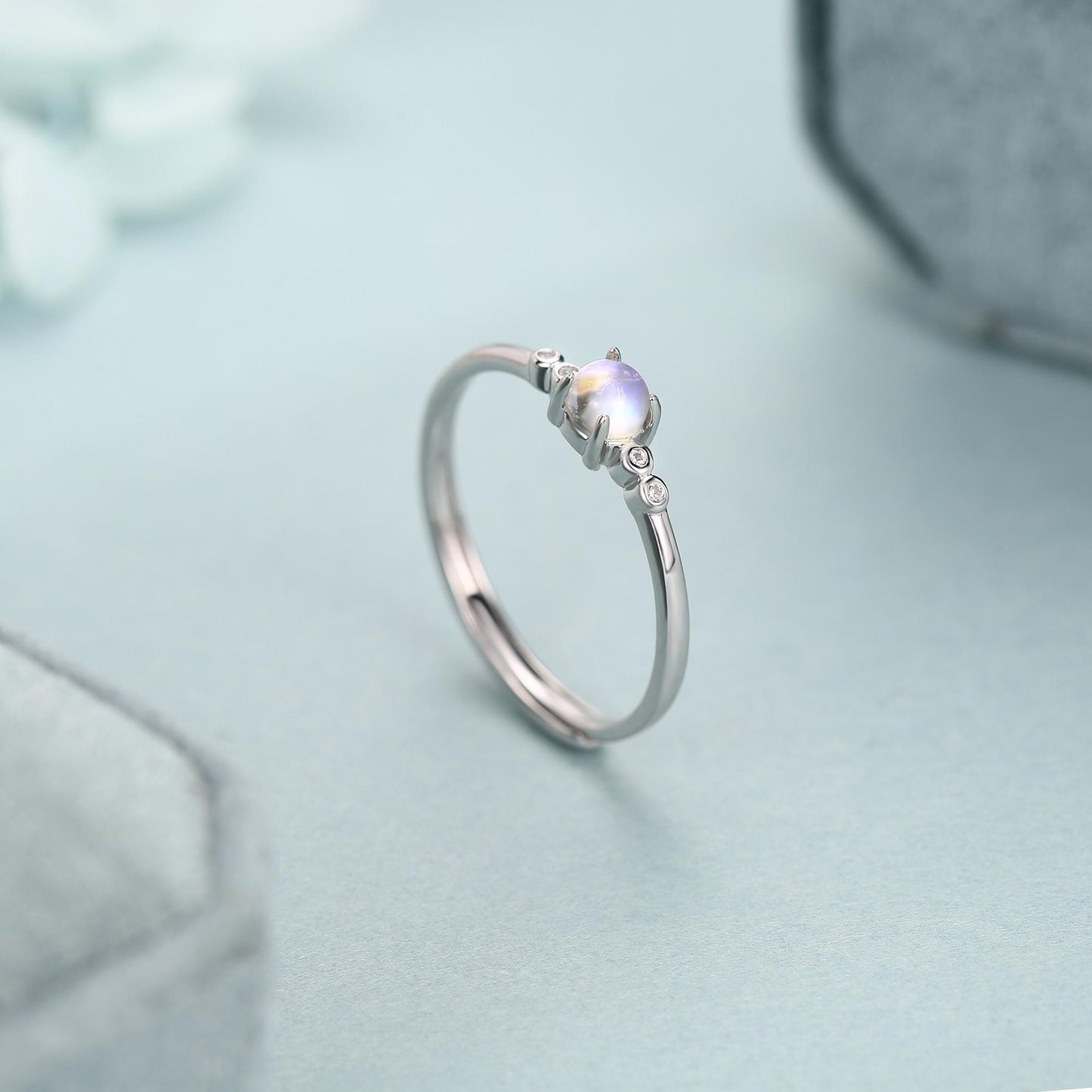 Tiny Moonstone Ring in Sterling Silver, Adjustable Size, 4mm Moonstone Ring, Prong Set, Lab Moonstone Ring, Delicate Stacking Ring,
