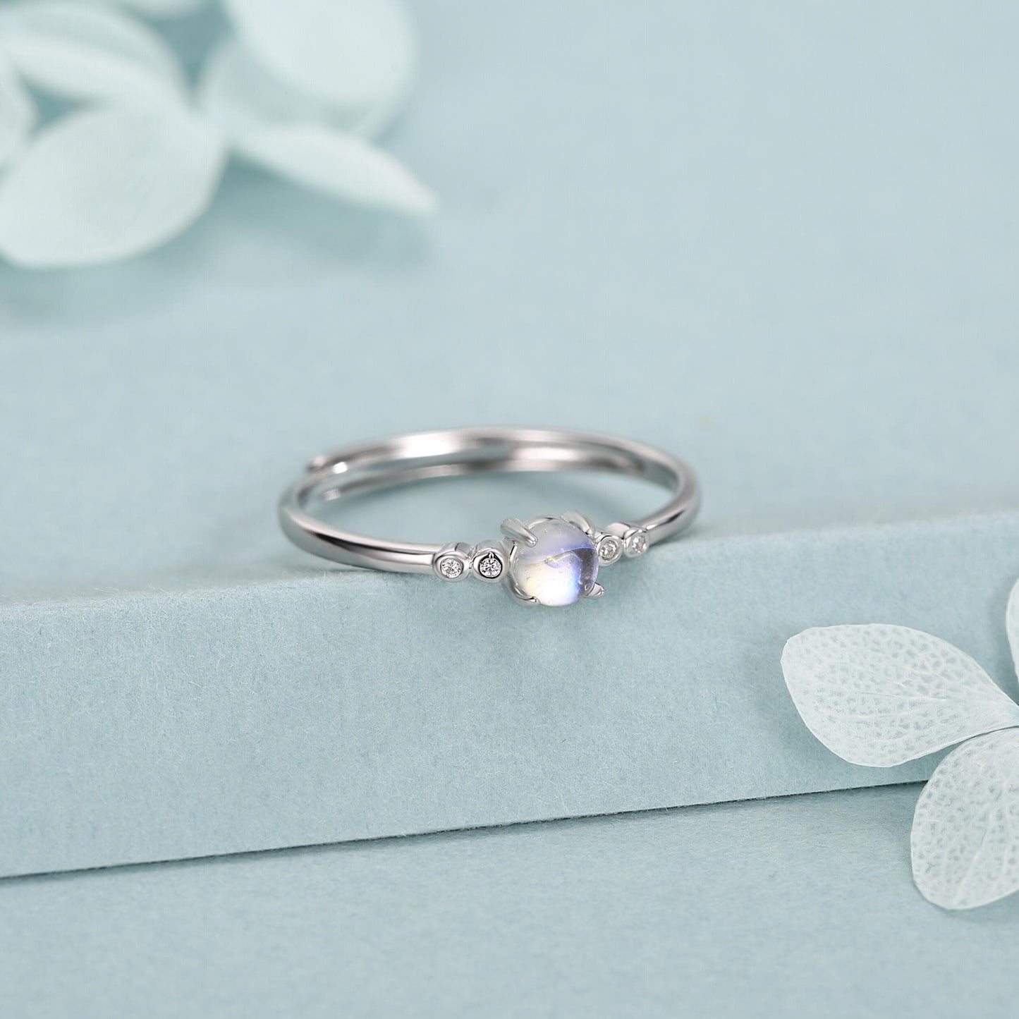Tiny Moonstone Ring in Sterling Silver, Adjustable Size, 4mm Moonstone Ring, Prong Set, Lab Moonstone Ring, Delicate Stacking Ring,