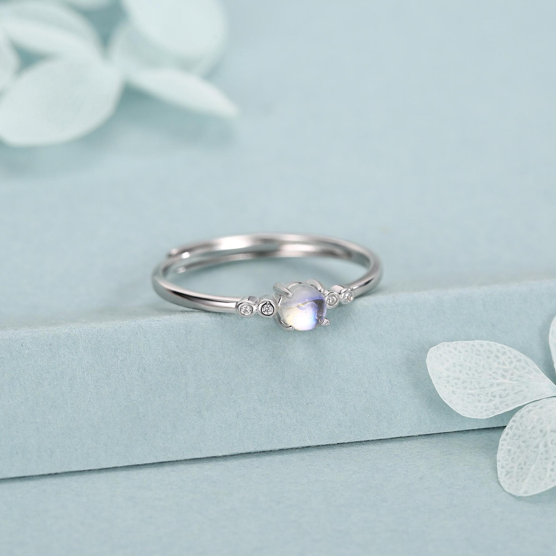 Tiny Moonstone Ring in Sterling Silver, Adjustable Size, 4mm Moonstone Ring, Prong Set, Lab Moonstone Ring, Delicate Stacking Ring,