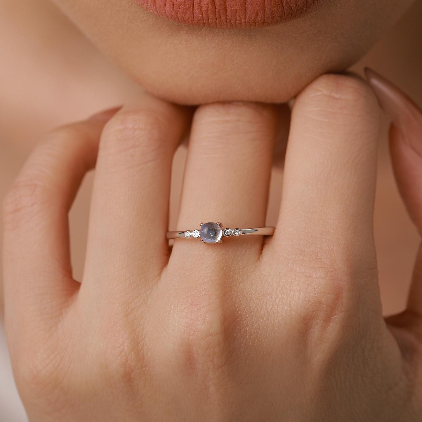 Tiny Moonstone Ring in Sterling Silver, Adjustable Size, 4mm Moonstone Ring, Prong Set, Lab Moonstone Ring, Delicate Stacking Ring,