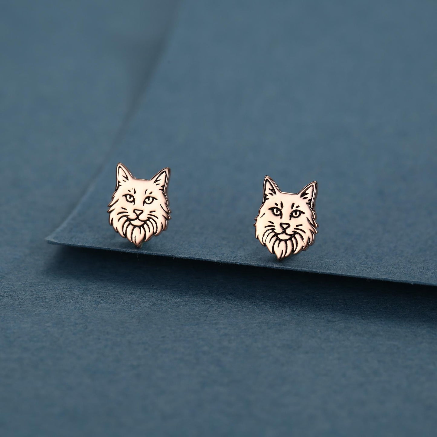 Sterling Silver Maine Coon Style Cat Face Stud Earrings