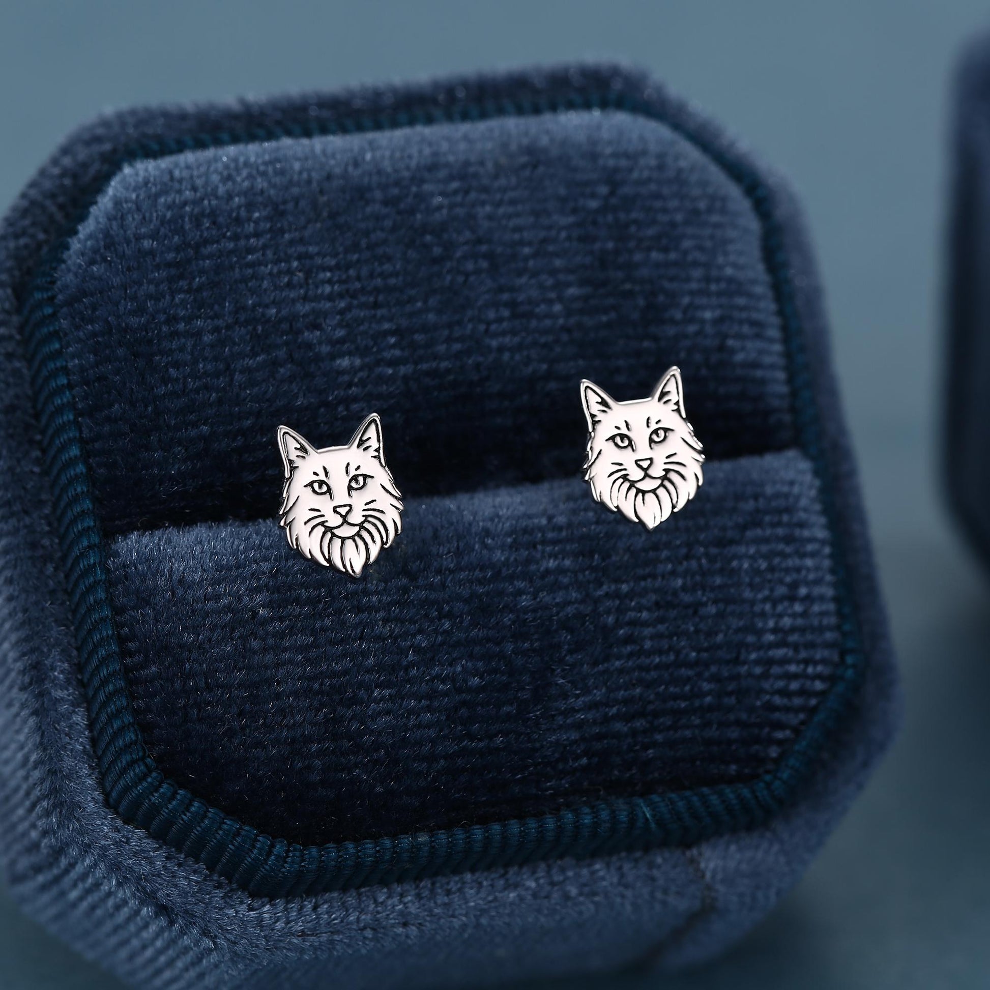 Sterling Silver Maine Coon Style Cat Face Stud Earrings