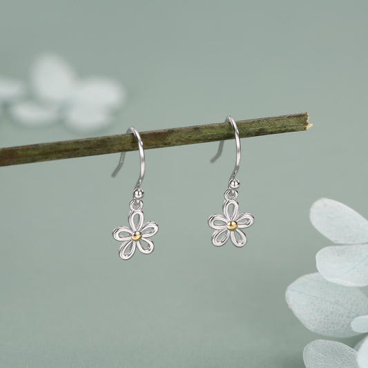Sterling Silver Two Tone Daisy Flower Drop Earrings with Hooks