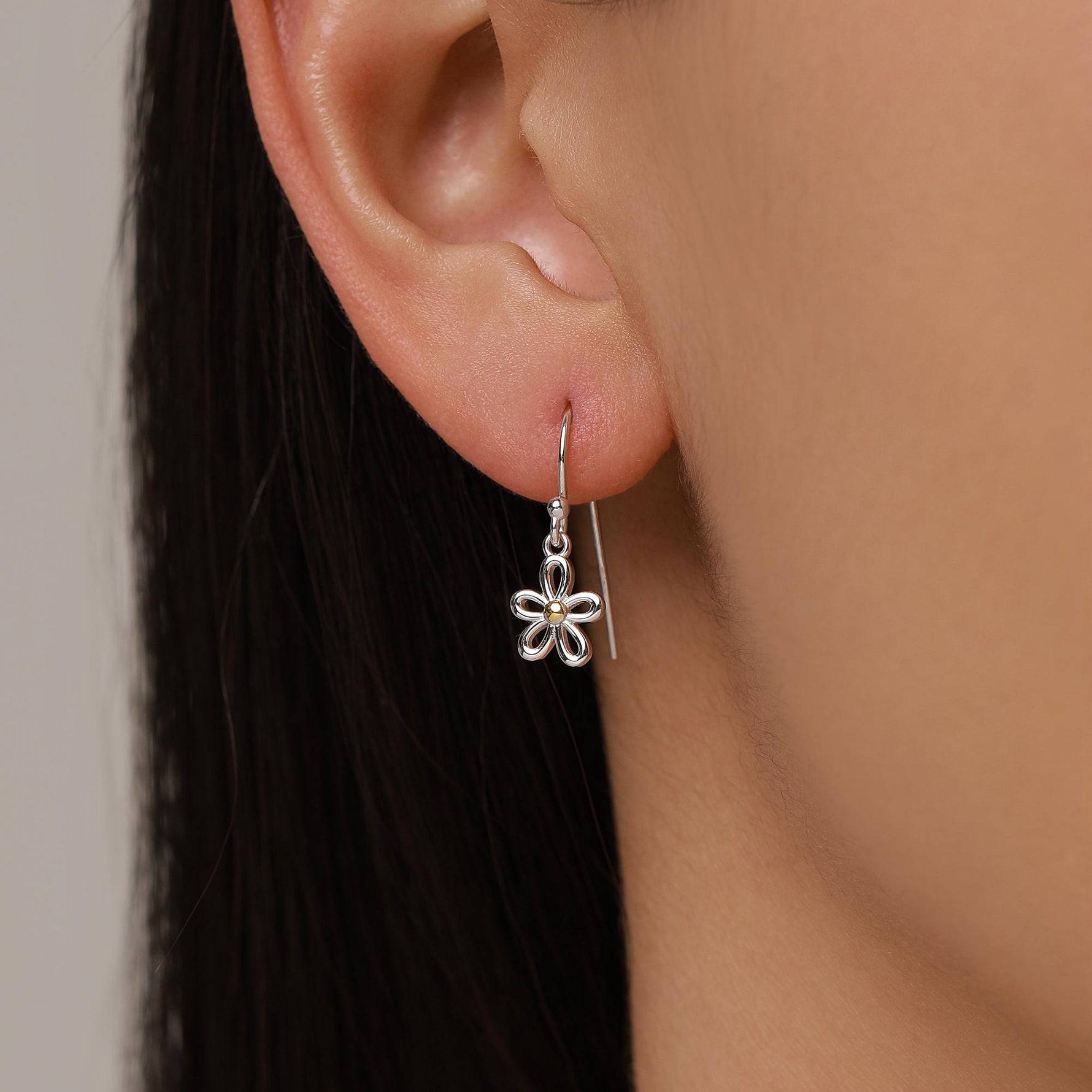 Sterling Silver Two Tone Daisy Flower Drop Earrings with Hooks