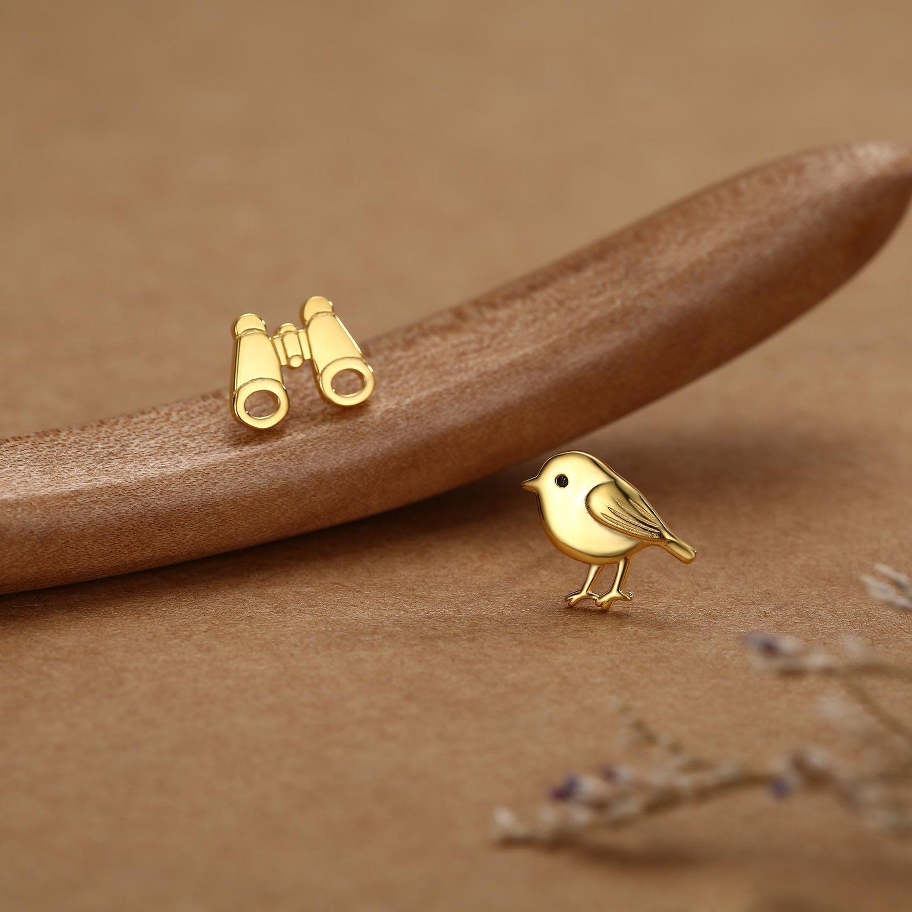Sterling Silver Bird and Binoculars 18G Screw Back Mismatched Earrings