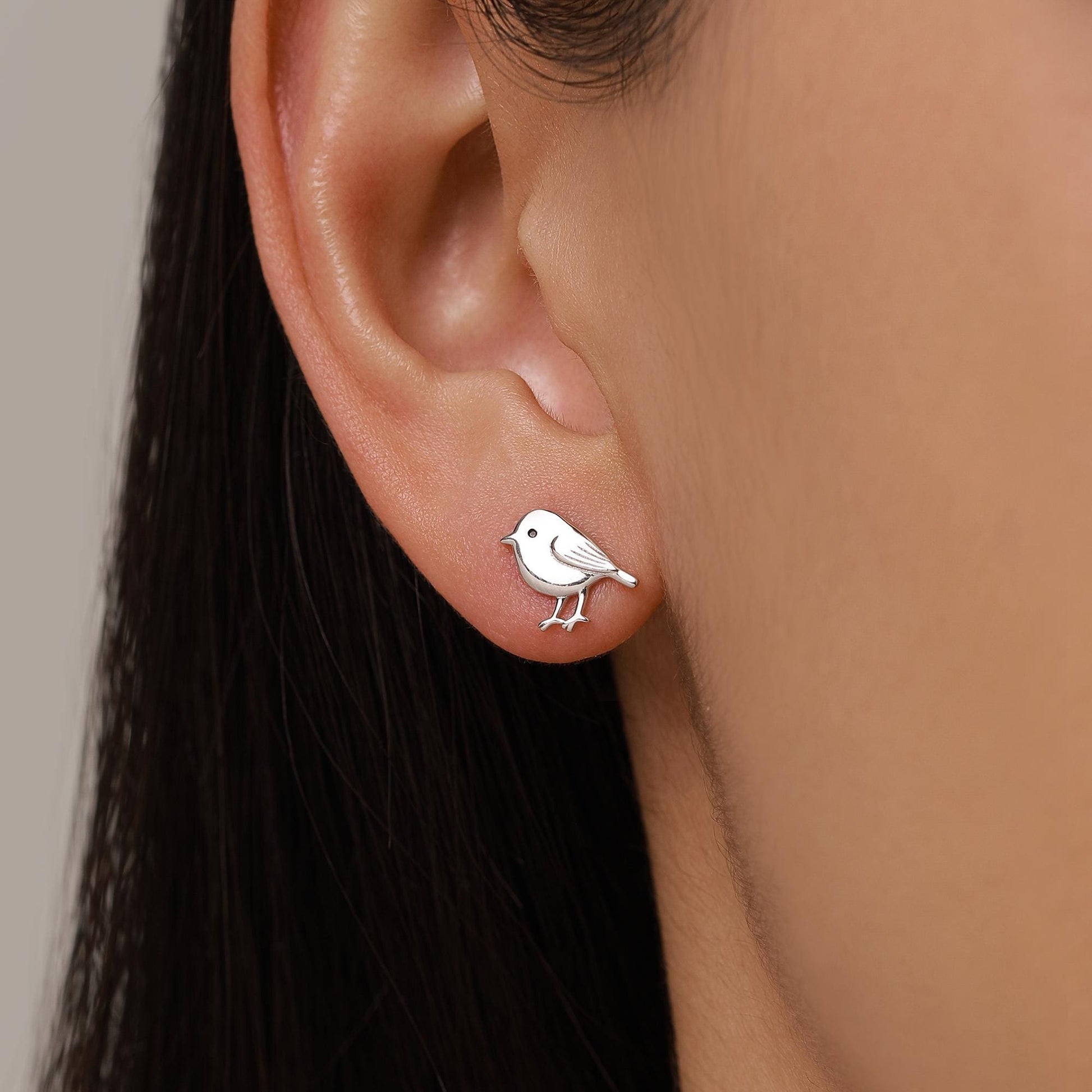 Chickadee Bird Stud Earrings in Sterling Silver, Silver or Gold or Rose Gold, Polished Cute Bird Earrings, Nature Inspired Animal Earrings