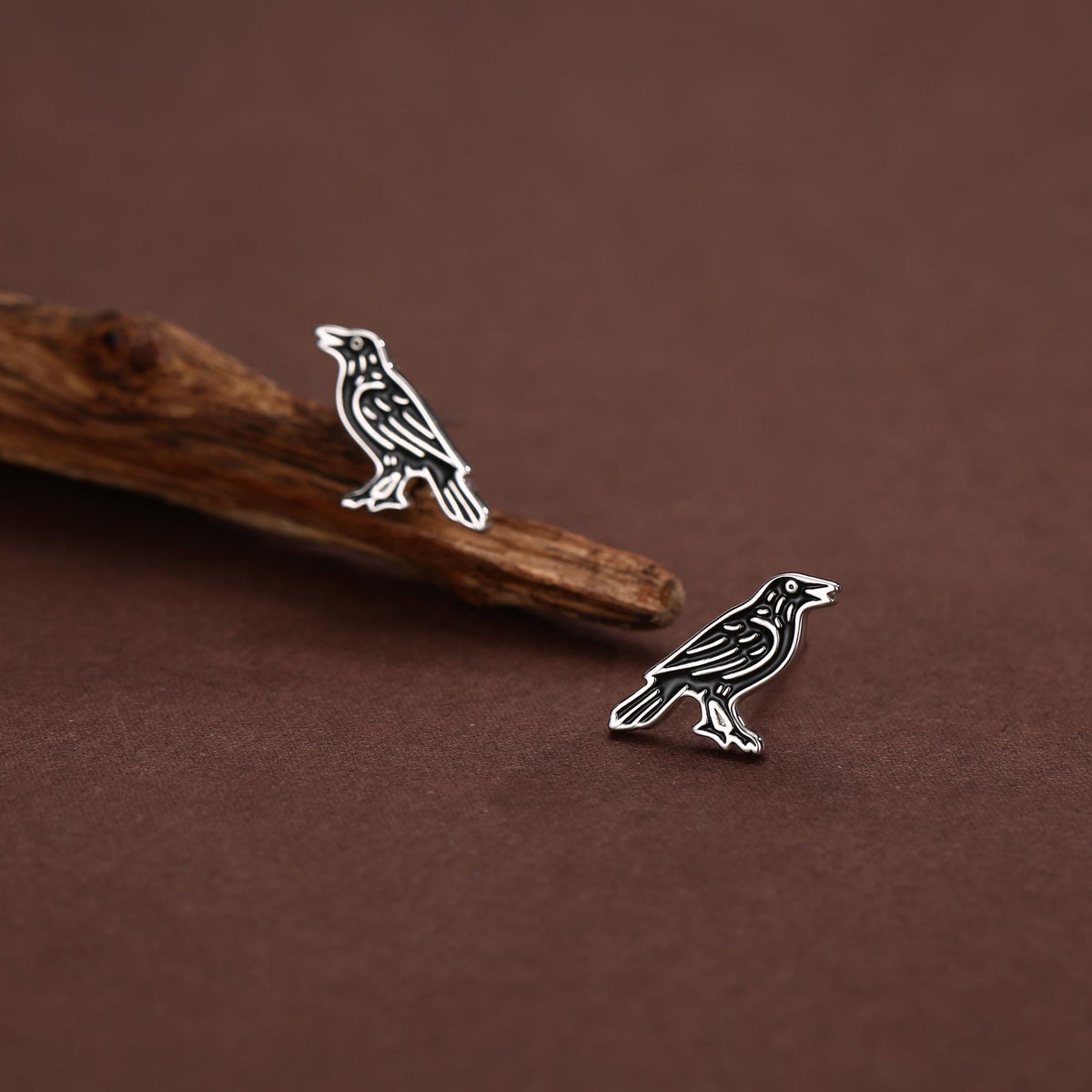 Sterling Silver Crow Raven Bird Stud Earrings