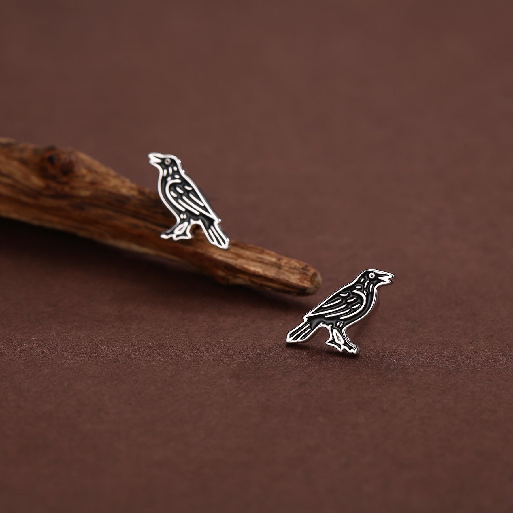 Sterling Silver Crow Raven Bird Stud Earrings