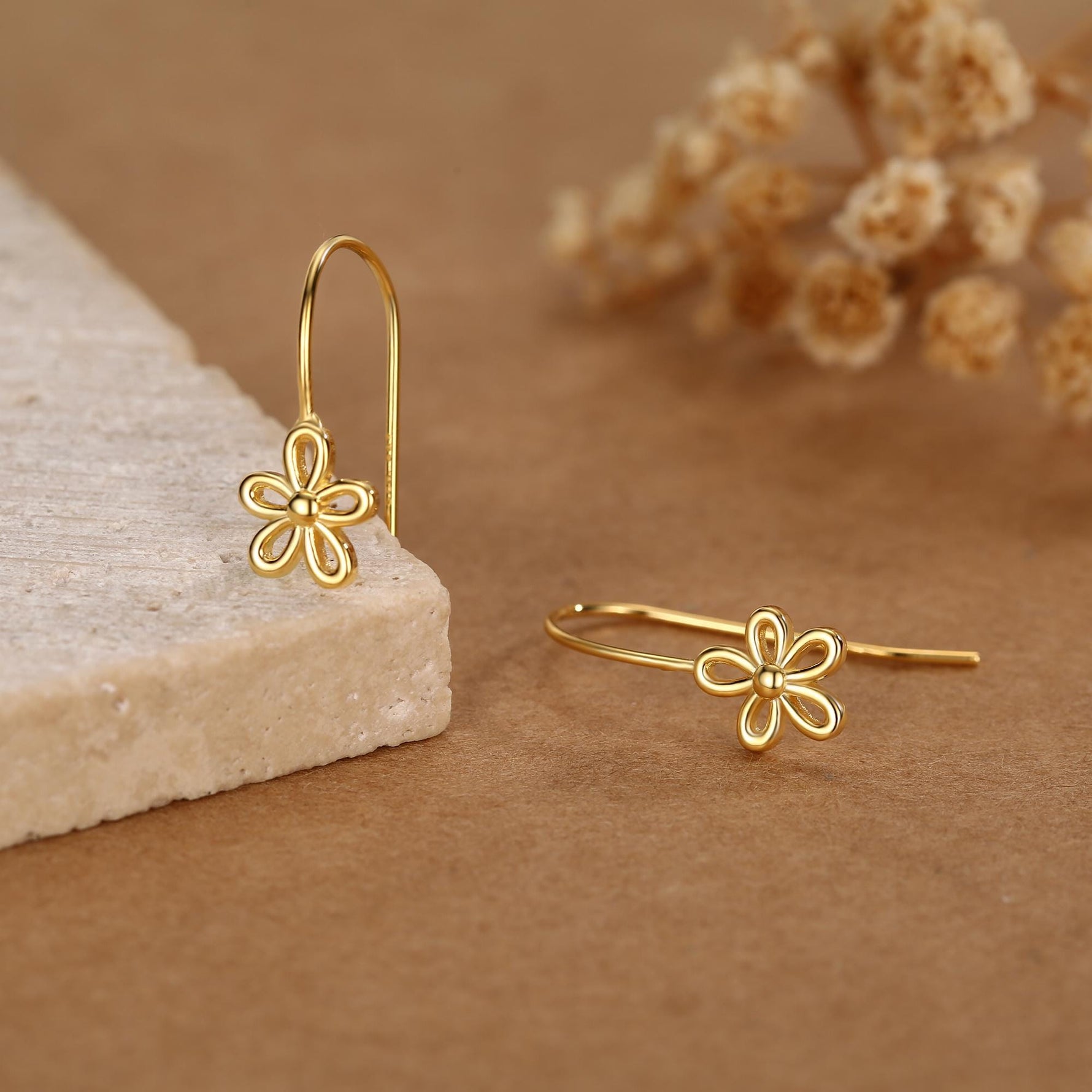 Sterling Silver Forget-me-not Flower Drop Hook Earrings, Silver or Gold or Rose Gold, Daisy Earrings, Minimalist Forget me not Earrings