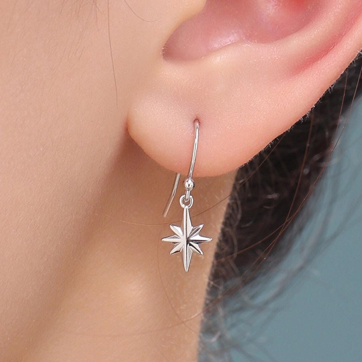 Minimalist Starburst Dangle Drop Hook Earrings in Sterling Silver, Silver or Gold or Rose Gold, Tiny North Star Dangle Earrings, Star