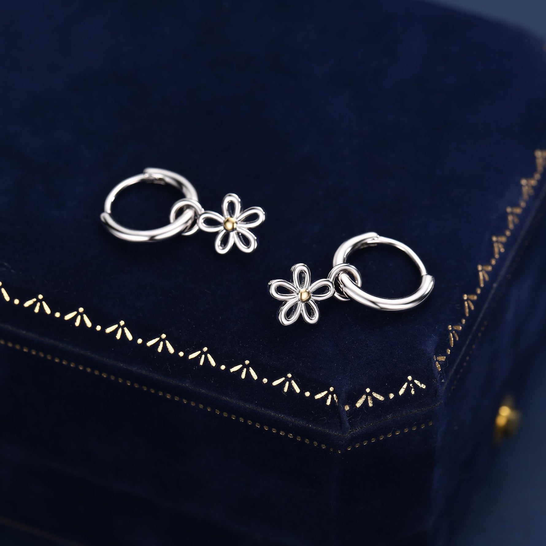 Sterling Silver Daisy Flower Charm Hoop Earrings