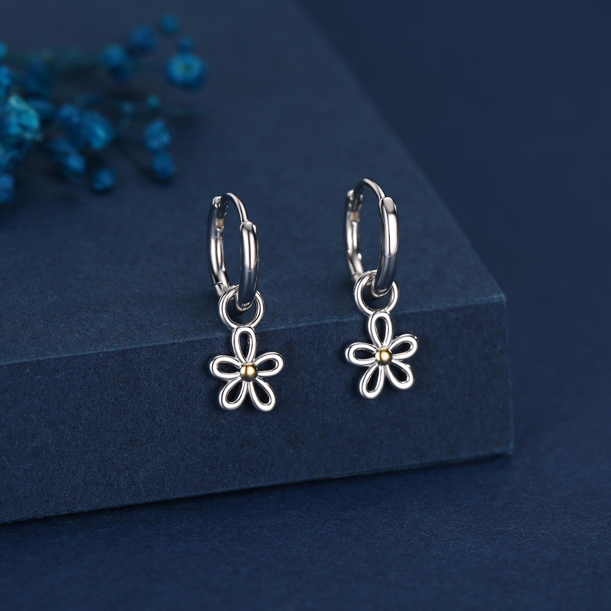 Sterling Silver Daisy Flower Charm Hoop Earrings