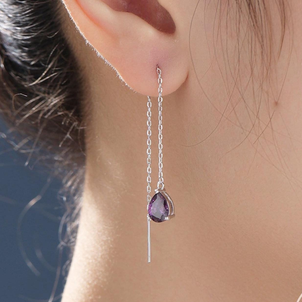 Amethyst Purple Droplet Threader Earrings in Sterling Silver, Silver or Gold, Pear Cut CZ Long Ear Threaders, Sparkly CZ Threaders