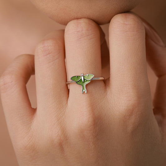 Sterling Silver Green Enamel Lunar Moth Ring