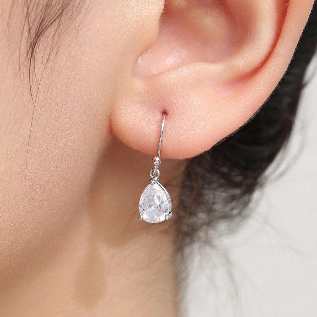 Pear Cut CZ Huggie Drop Earrings in Sterling Silver, Silver or Gold, Minimalist Droplet Dangle Earrings, Drop Earrings