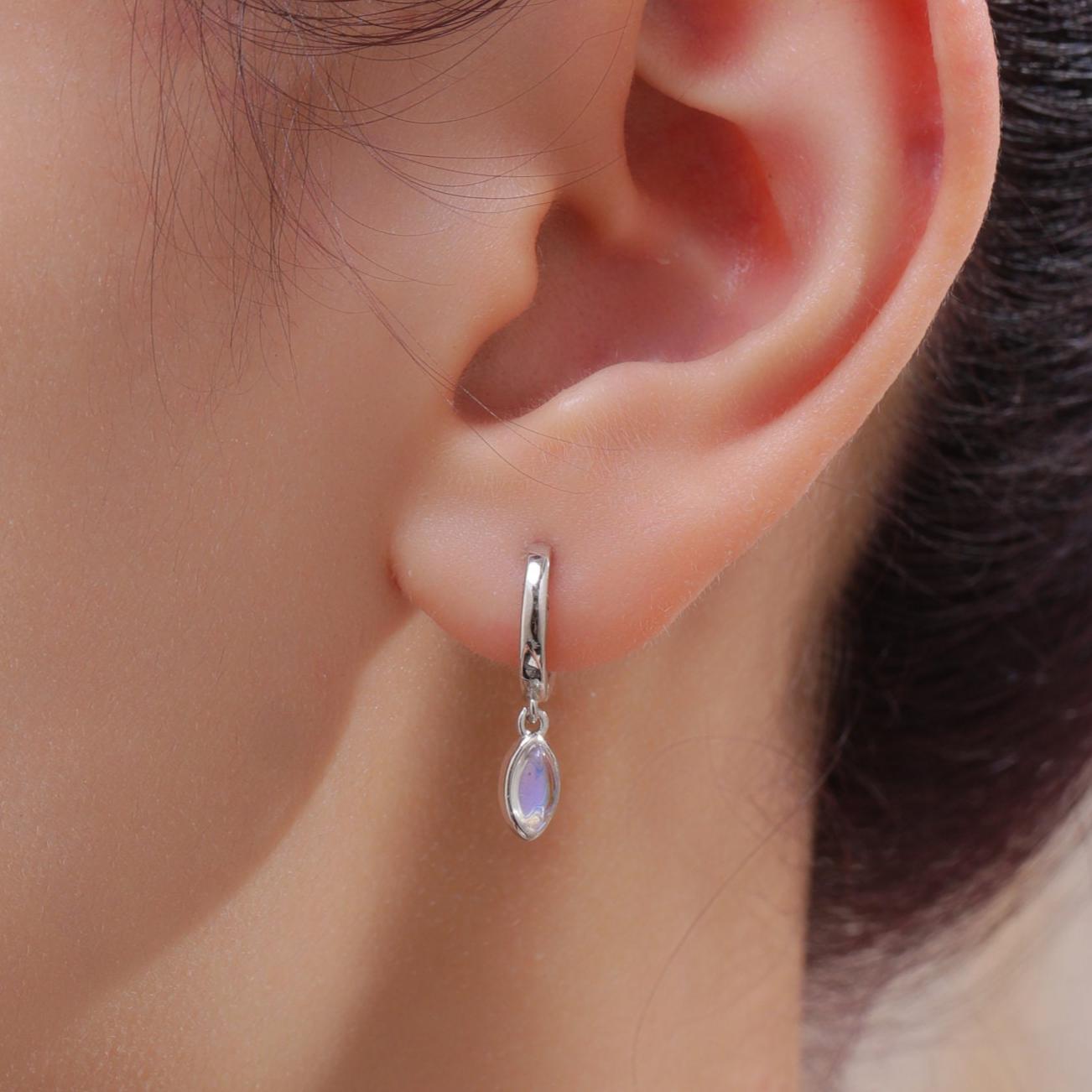Marquise Moonstone Huggie Hoops in Sterling Silver, 8mm Moonstone Hoops, Silver or Gold, Lab Created Moonstone Earring