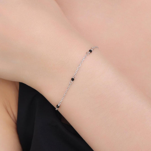 2mm Black Spinel Beaded Satellite Chain Bracelet in Sterling Silver, Silver or Gold, Minimalist Geometric Style