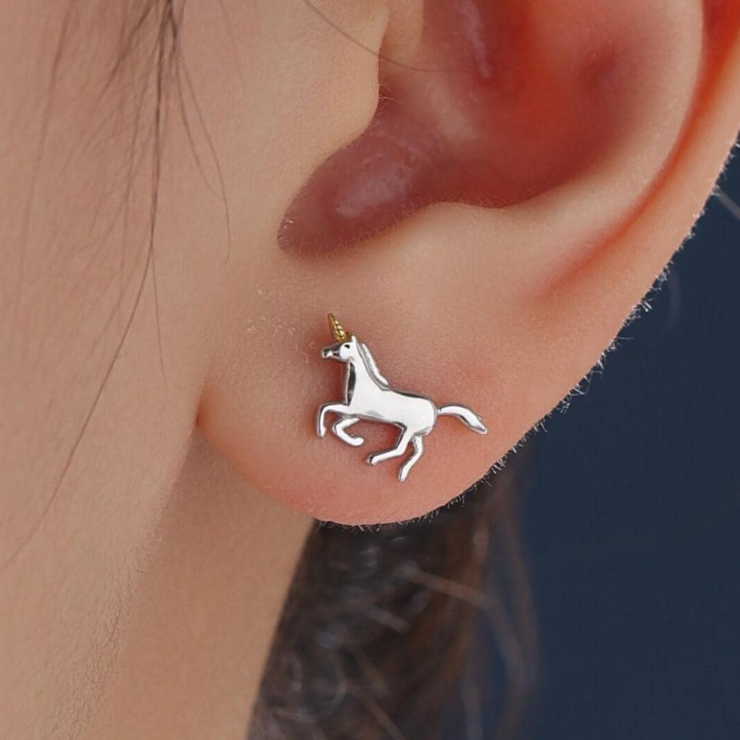 Unicorn Stud Earrings in Sterling Silver, Partial Gold Plate, Unicorn Earrings, Unicorn Horse Earrings, Unicorn Stud