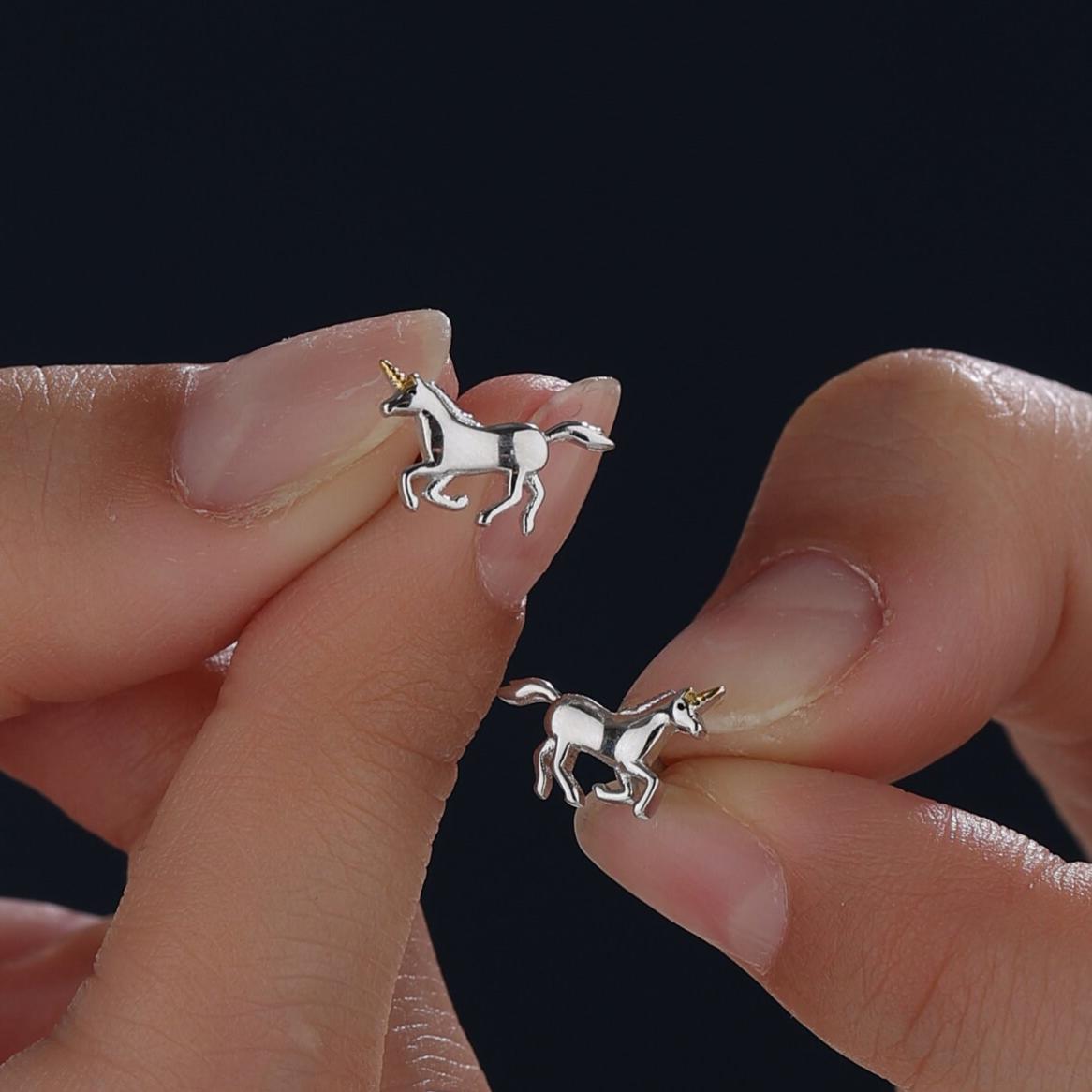 Unicorn Stud Earrings in Sterling Silver, Partial Gold Plate, Unicorn Earrings, Unicorn Horse Earrings, Unicorn Stud
