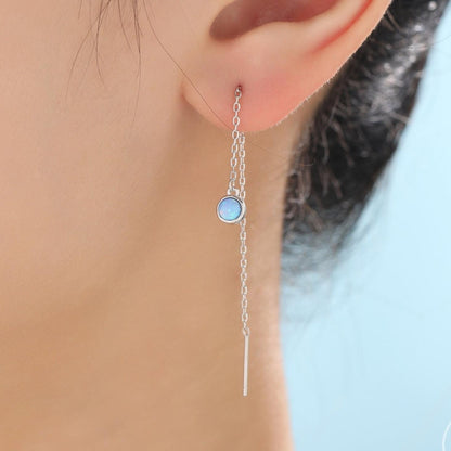 Sterling Silver Tiny Blue Opal Coin Ear Threader Earrings, Silver or Gold, Lab Opal Drop Earrings, Geometric Minimalist Threader Earrings
