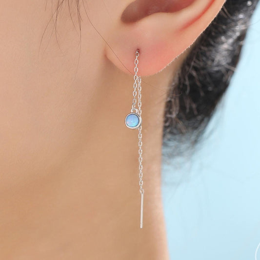 Sterling Silver Tiny Blue Opal Coin Ear Threader Earrings, Silver or Gold, Lab Opal Drop Earrings, Geometric Minimalist Threader Earrings