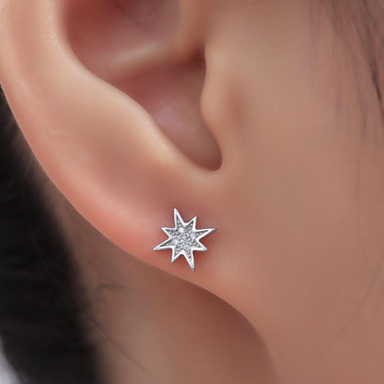 Asymmetric Moon and Starburst Stud Earrings, Silver, Gold or Rose Gold, Star Stud Earrings, Petite Celestial Earrings