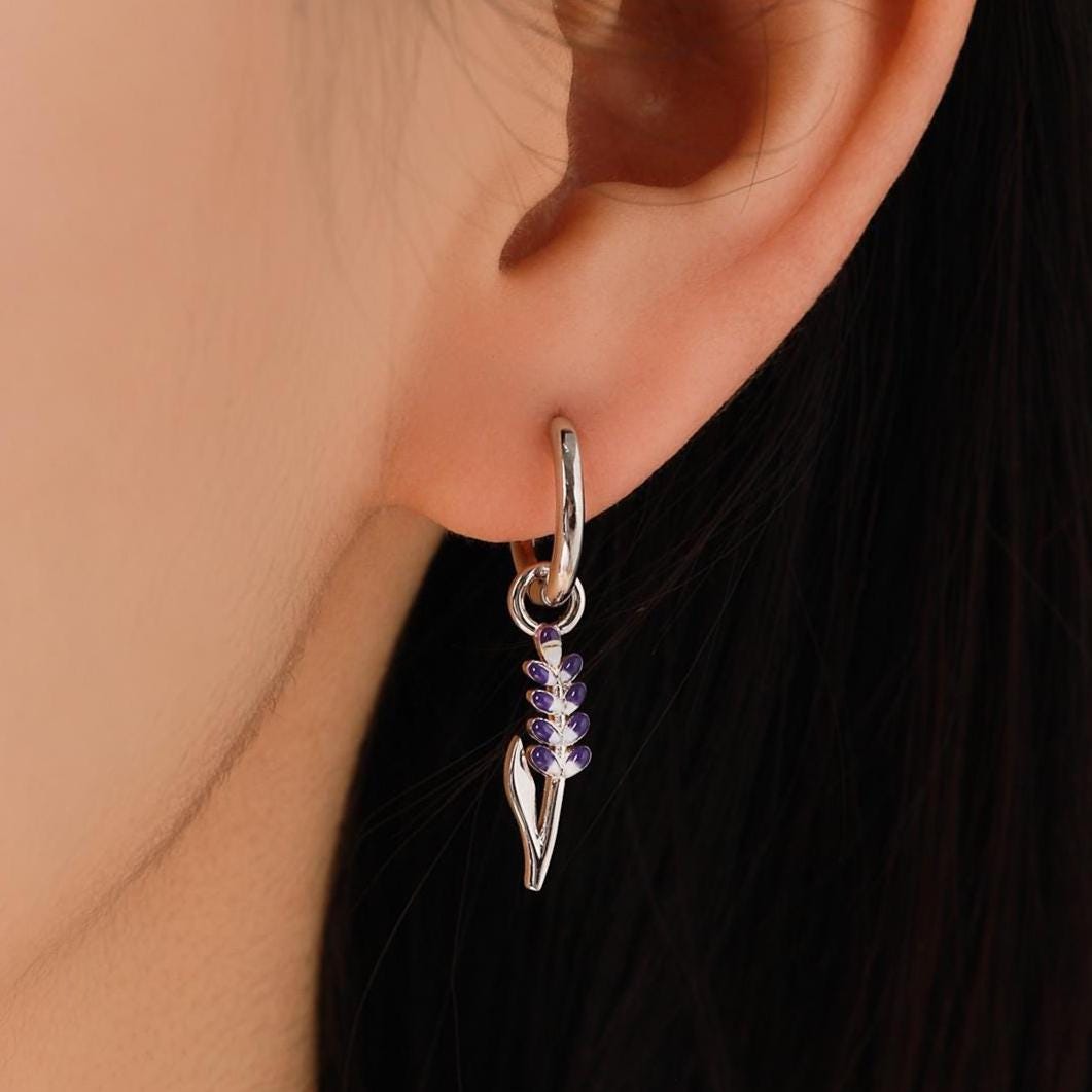 Sterling Silver Enamel Lavender Huggie Hoop Earrings, Delicate Silver Lavender Detachable Hoop Earrings, Silver or Gold