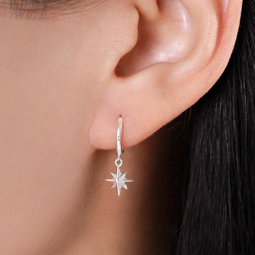 Starburst Huggie Hoop Earrings in Sterling Silver, Silver or Gold or Rose Gold, North Star Charm Earrings, Sunburst Earrings, Celestial