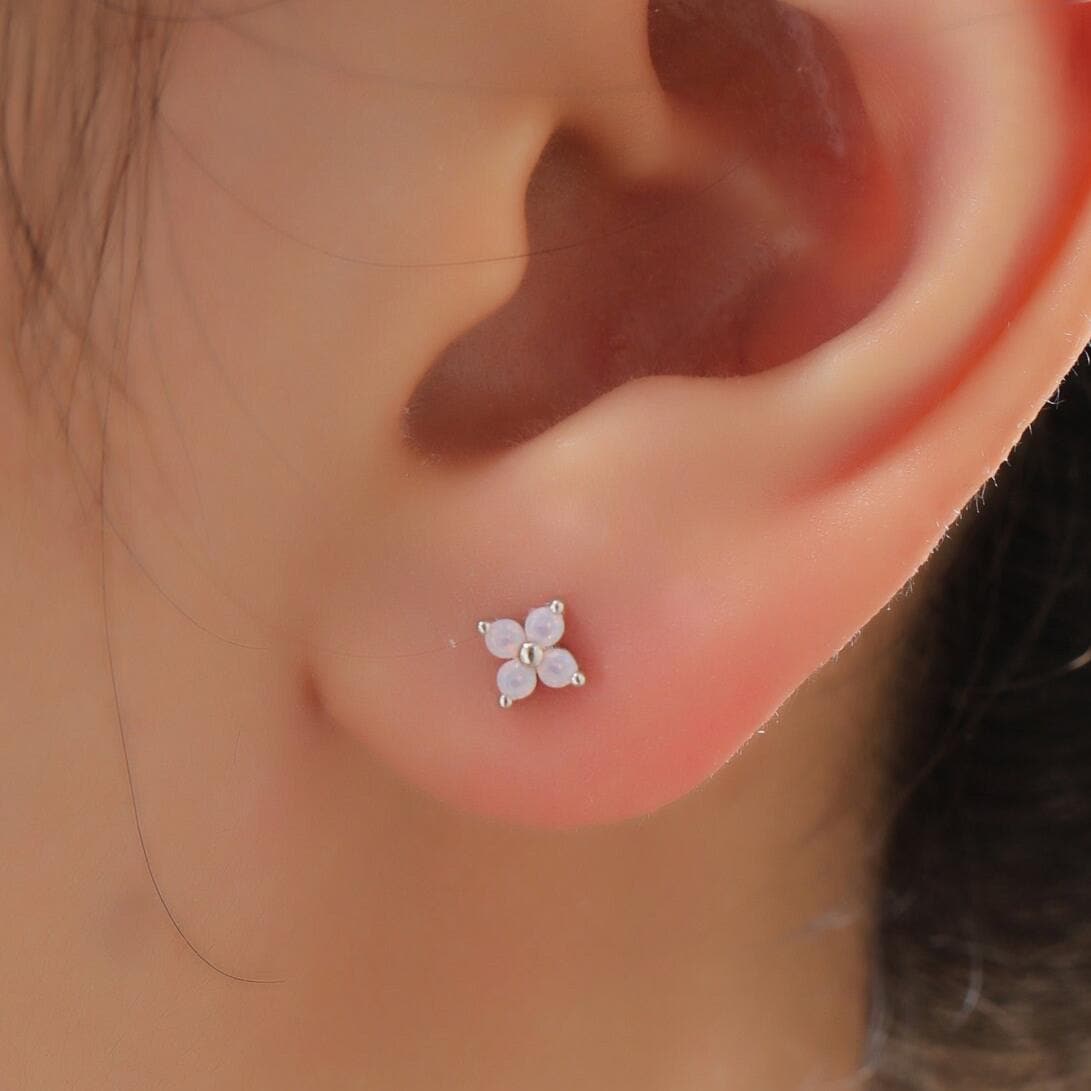 Asymmetric Hydrangea Flower Bouquet CZ Stud Earrings in Sterling Silver, Silver, Gold or Rose Gold, Mismatched Opal Pink Flower Earrings